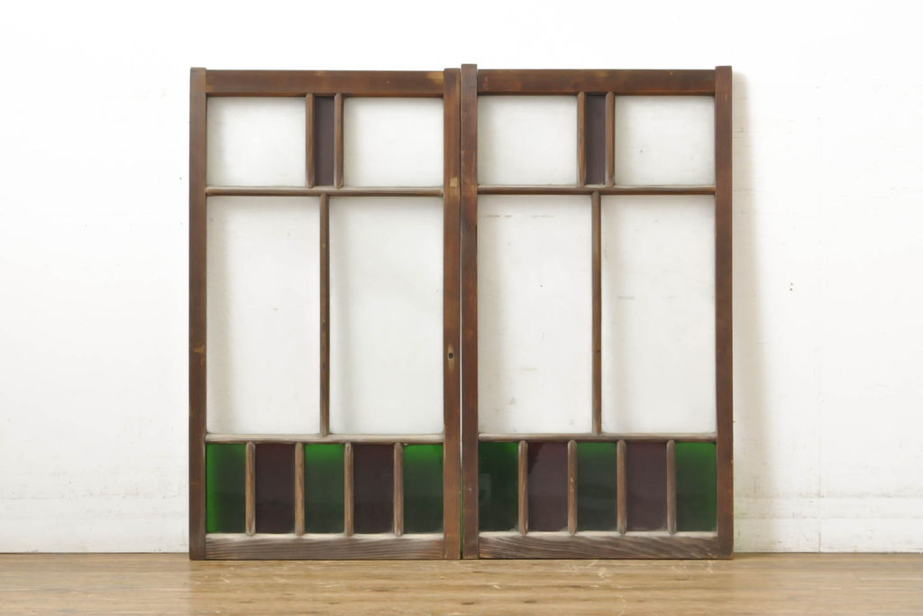 アンティーク建具　大正ロマンの雰囲気を演出する色ガラス入りガラス窓2枚セット(ガラス戸、引き戸、建具)(R-062868)