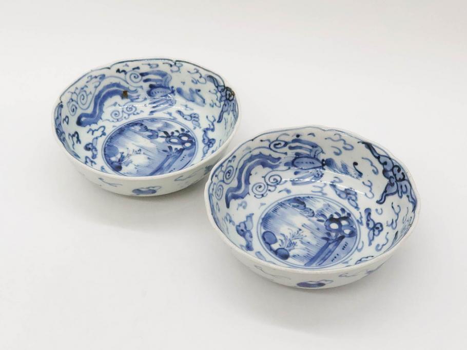 江戸期　上手物　古伊万里　染付　二重角福　渦福　鳳凰山水文　約14cm　4.7寸　なます皿2枚セット(中皿、和皿、和食器、四寸七分)(R-077087)