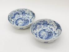 江戸期　上手物　古伊万里　染付　二重角福　渦福　鳳凰山水文　約14cm　4.7寸　なます皿2枚セット(中皿、和皿、和食器、四寸七分)(R-077087)