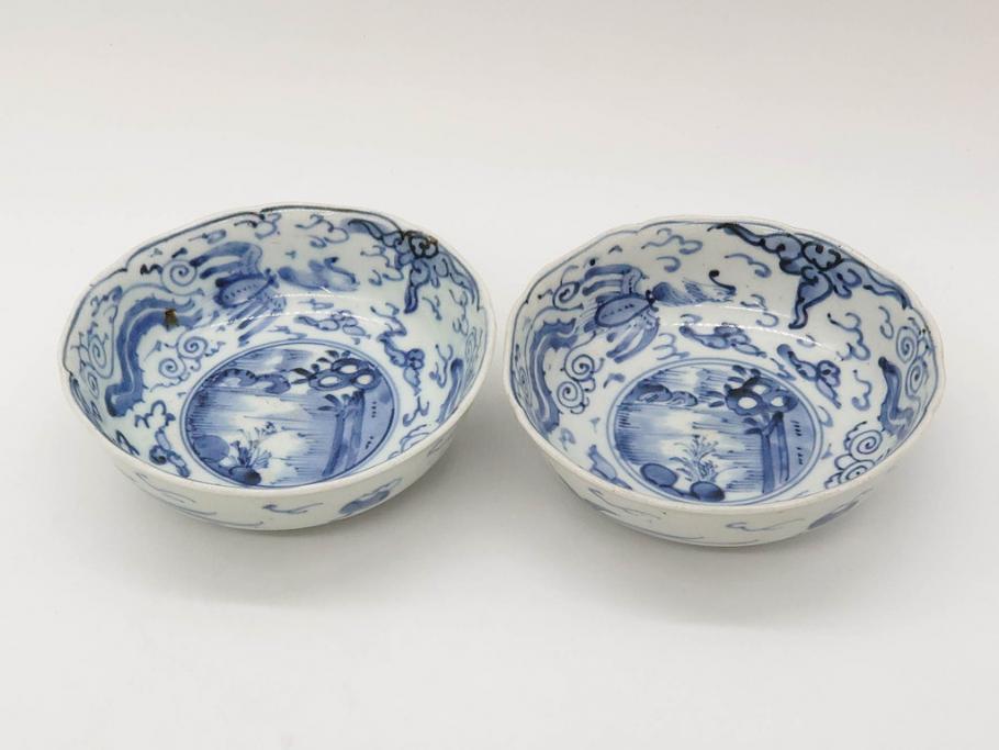 江戸期　上手物　古伊万里　染付　二重角福　渦福　鳳凰山水文　約14cm　4.7寸　なます皿2枚セット(中皿、和皿、和食器、四寸七分)(R-077087)