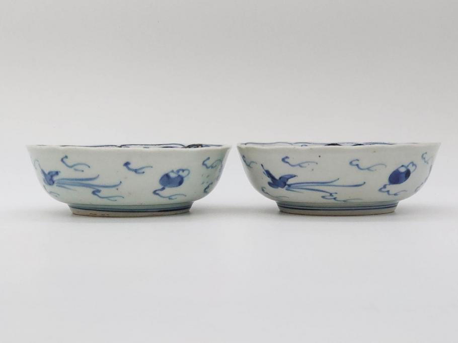 江戸期　上手物　古伊万里　染付　二重角福　渦福　鳳凰山水文　約14cm　4.7寸　なます皿2枚セット(中皿、和皿、和食器、四寸七分)(R-077087)