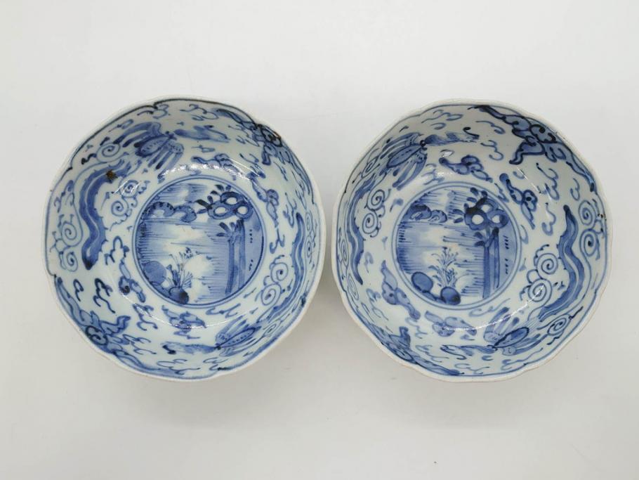 江戸期　上手物　古伊万里　染付　二重角福　渦福　鳳凰山水文　約14cm　4.7寸　なます皿2枚セット(中皿、和皿、和食器、四寸七分)(R-077087)