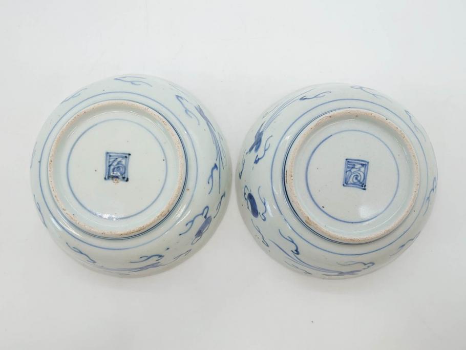 江戸期　上手物　古伊万里　染付　二重角福　渦福　鳳凰山水文　約14cm　4.7寸　なます皿2枚セット(中皿、和皿、和食器、四寸七分)(R-077087)