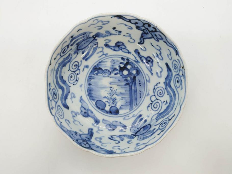 江戸期　上手物　古伊万里　染付　二重角福　渦福　鳳凰山水文　約14cm　4.7寸　なます皿2枚セット(中皿、和皿、和食器、四寸七分)(R-077087)