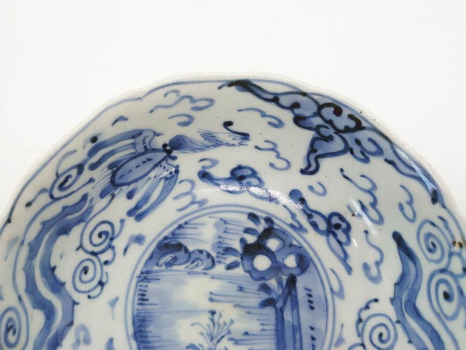 江戸期　上手物　古伊万里　染付　二重角福　渦福　鳳凰山水文　約14cm　4.7寸　なます皿2枚セット(中皿、和皿、和食器、四寸七分)(R-077087)