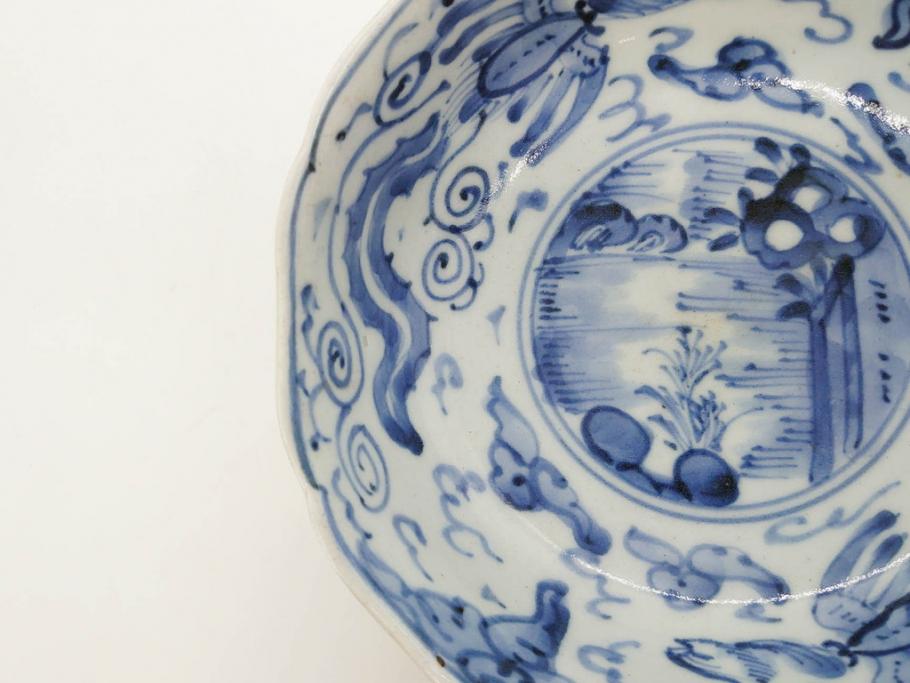 江戸期　上手物　古伊万里　染付　二重角福　渦福　鳳凰山水文　約14cm　4.7寸　なます皿2枚セット(中皿、和皿、和食器、四寸七分)(R-077087)