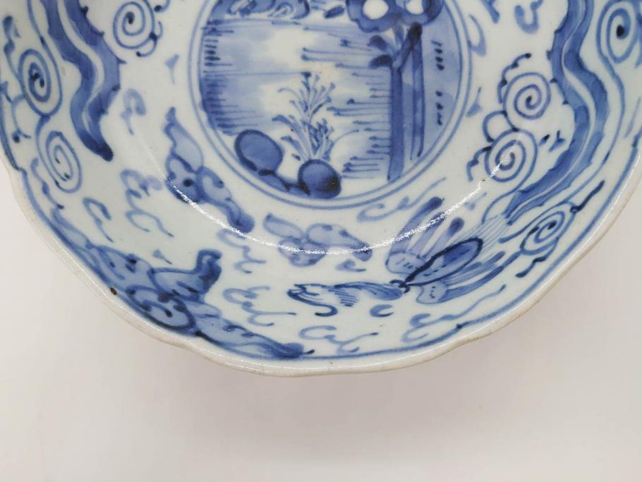 江戸期　上手物　古伊万里　染付　二重角福　渦福　鳳凰山水文　約14cm　4.7寸　なます皿2枚セット(中皿、和皿、和食器、四寸七分)(R-077087)
