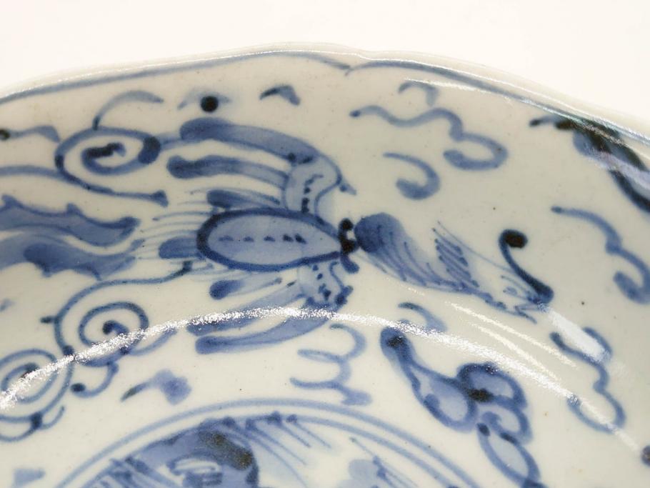 江戸期　上手物　古伊万里　染付　二重角福　渦福　鳳凰山水文　約14cm　4.7寸　なます皿2枚セット(中皿、和皿、和食器、四寸七分)(R-077087)