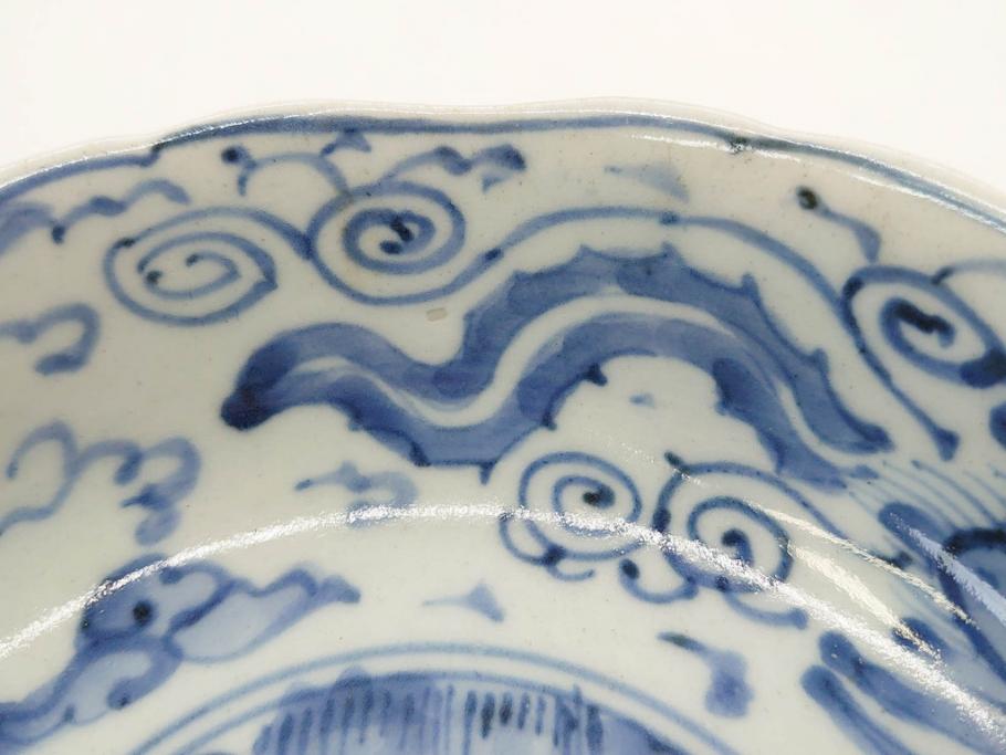 江戸期　上手物　古伊万里　染付　二重角福　渦福　鳳凰山水文　約14cm　4.7寸　なます皿2枚セット(中皿、和皿、和食器、四寸七分)(R-077087)