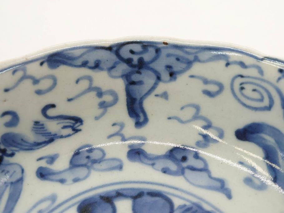 江戸期　上手物　古伊万里　染付　二重角福　渦福　鳳凰山水文　約14cm　4.7寸　なます皿2枚セット(中皿、和皿、和食器、四寸七分)(R-077087)