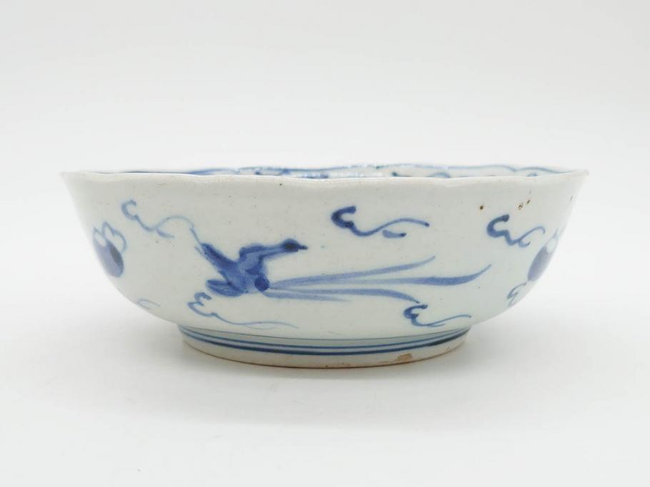 江戸期　上手物　古伊万里　染付　二重角福　渦福　鳳凰山水文　約14cm　4.7寸　なます皿2枚セット(中皿、和皿、和食器、四寸七分)(R-077087)