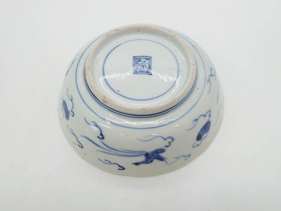 江戸期　上手物　古伊万里　染付　二重角福　渦福　鳳凰山水文　約14cm　4.7寸　なます皿2枚セット(中皿、和皿、和食器、四寸七分)(R-077087)