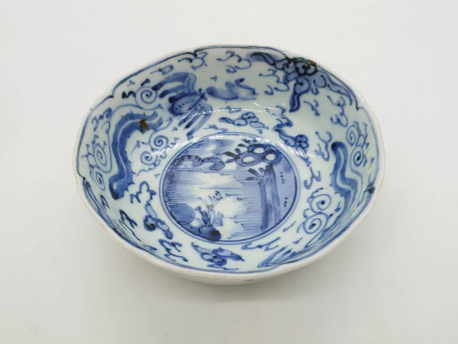 江戸期　上手物　古伊万里　染付　二重角福　渦福　鳳凰山水文　約14cm　4.7寸　なます皿2枚セット(中皿、和皿、和食器、四寸七分)(R-077087)