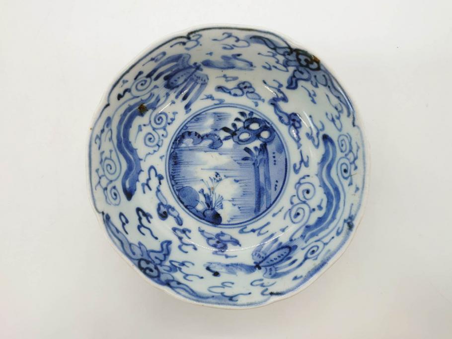 江戸期　上手物　古伊万里　染付　二重角福　渦福　鳳凰山水文　約14cm　4.7寸　なます皿2枚セット(中皿、和皿、和食器、四寸七分)(R-077087)