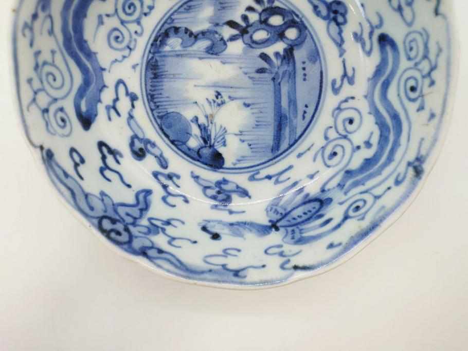 江戸期　上手物　古伊万里　染付　二重角福　渦福　鳳凰山水文　約14cm　4.7寸　なます皿2枚セット(中皿、和皿、和食器、四寸七分)(R-077087)