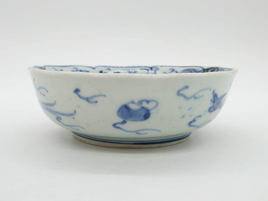 江戸期　上手物　古伊万里　染付　二重角福　渦福　鳳凰山水文　約14cm　4.7寸　なます皿2枚セット(中皿、和皿、和食器、四寸七分)(R-077087)