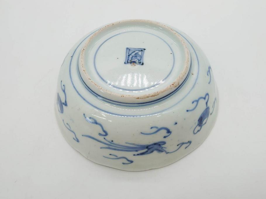 江戸期　上手物　古伊万里　染付　二重角福　渦福　鳳凰山水文　約14cm　4.7寸　なます皿2枚セット(中皿、和皿、和食器、四寸七分)(R-077087)