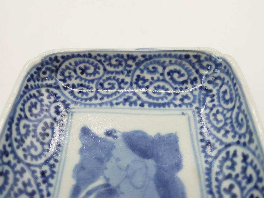 江戸期　古伊万里　染付　冨貴長春　約21cm　7寸　牡丹蛸唐草文　細やかで力強く描かれた文様が魅力的な長皿(七寸、和食器、和皿)(R-077133)