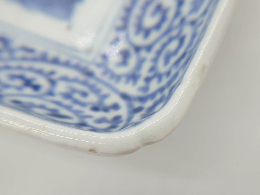 江戸期　古伊万里　染付　冨貴長春　約21cm　7寸　牡丹蛸唐草文　細やかで力強く描かれた文様が魅力的な長皿(七寸、和食器、和皿)(R-077133)