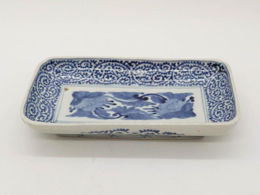 江戸期　古伊万里　染付　富貴長春　約21.5cm　7.1寸　牡丹蛸唐草文　細やかで力強く描かれた文様が魅力的な長皿(七寸一分、和食器、和皿)(R-077134)