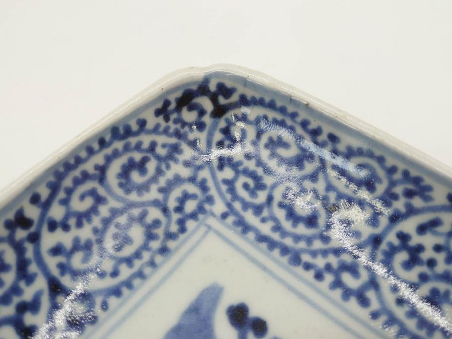 江戸期　古伊万里　染付　富貴長春　約21.5cm　7.1寸　牡丹蛸唐草文　細やかで力強く描かれた文様が魅力的な長皿(七寸一分、和食器、和皿)(R-077134)