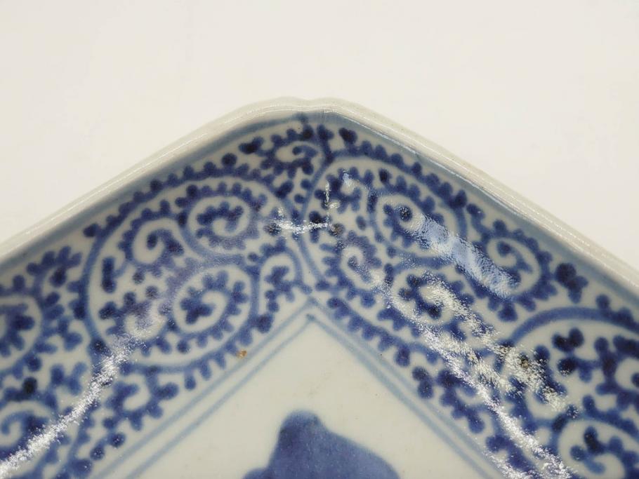 江戸期　古伊万里　染付　富貴長春　約21.5cm　7.1寸　牡丹蛸唐草文　細やかで力強く描かれた文様が魅力的な長皿(七寸一分、和食器、和皿)(R-077134)