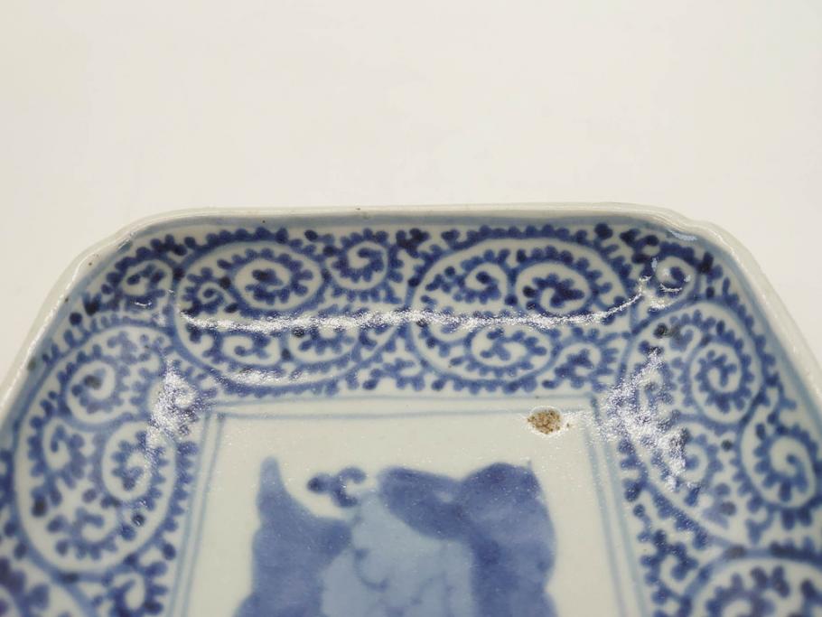 江戸期　古伊万里　染付　富貴長春　約21.5cm　7.1寸　牡丹蛸唐草文　細やかで力強く描かれた文様が魅力的な長皿(七寸一分、和食器、和皿)(R-077134)