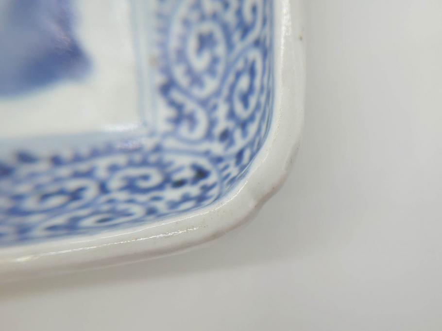 江戸期　古伊万里　染付　富貴長春　約21.5cm　7.1寸　牡丹蛸唐草文　細やかで力強く描かれた文様が魅力的な長皿(七寸一分、和食器、和皿)(R-077134)