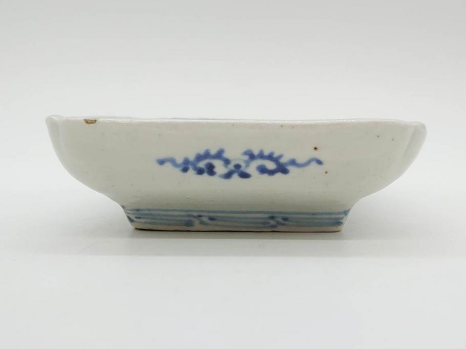 江戸期　古伊万里　染付　富貴長春　約21.5cm　7.1寸　牡丹蛸唐草文　細やかで力強く描かれた文様が魅力的な長皿(七寸一分、和食器、和皿)(R-077134)