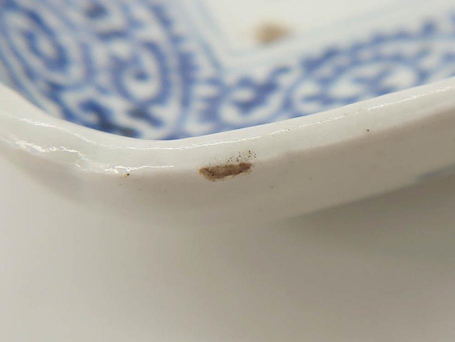 江戸期　古伊万里　染付　富貴長春　約21.5cm　7.1寸　牡丹蛸唐草文　細やかで力強く描かれた文様が魅力的な長皿(七寸一分、和食器、和皿)(R-077134)