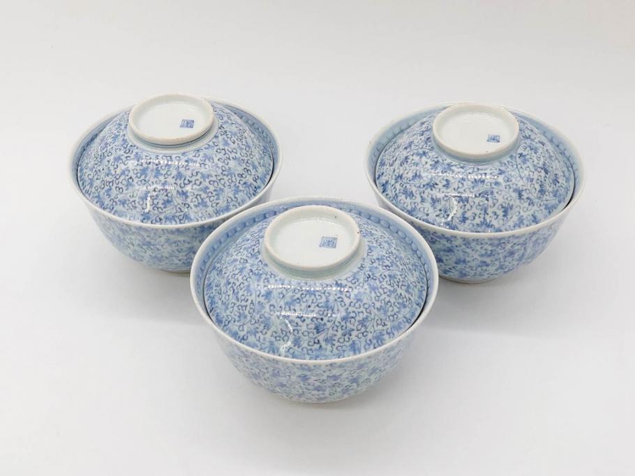 江戸期　古伊万里　微塵唐草文染付　松竹梅　約12cm　3.8寸　繊細な絵付けが見事な蓋付き茶碗3客セット(和食器、三寸八分)(R-077135)