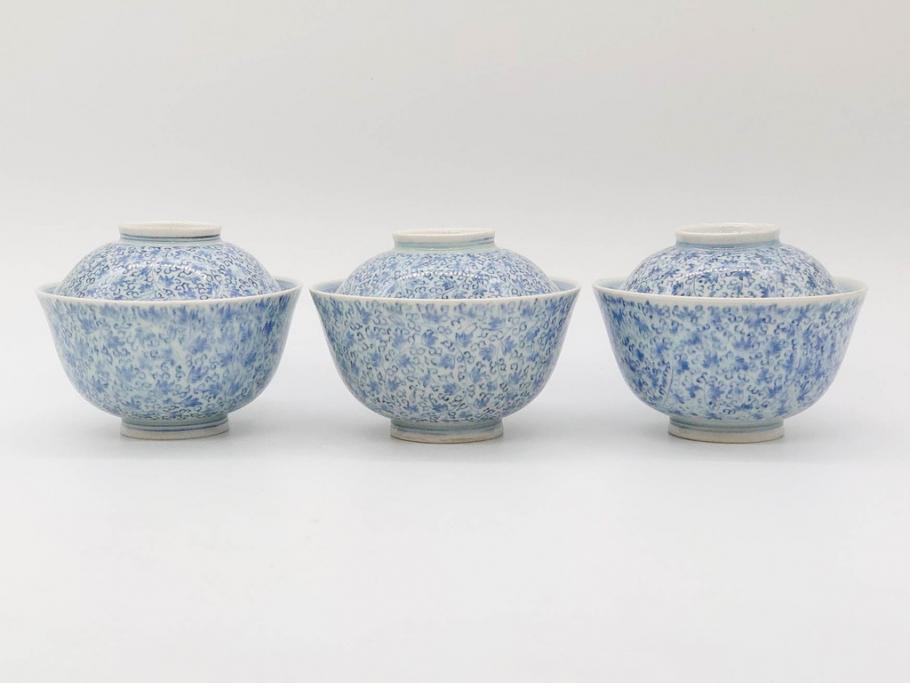江戸期　古伊万里　微塵唐草文染付　松竹梅　約12cm　3.8寸　繊細な絵付けが見事な蓋付き茶碗3客セット(和食器、三寸八分)(R-077135)