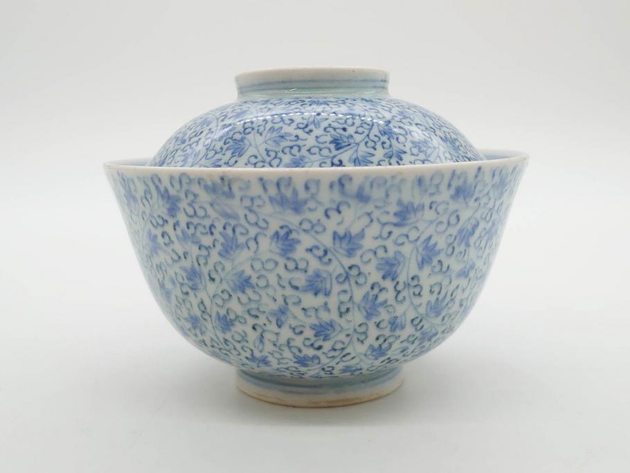 江戸期　古伊万里　微塵唐草文染付　松竹梅　約12cm　3.8寸　繊細な絵付けが見事な蓋付き茶碗3客セット(和食器、三寸八分)(R-077135)