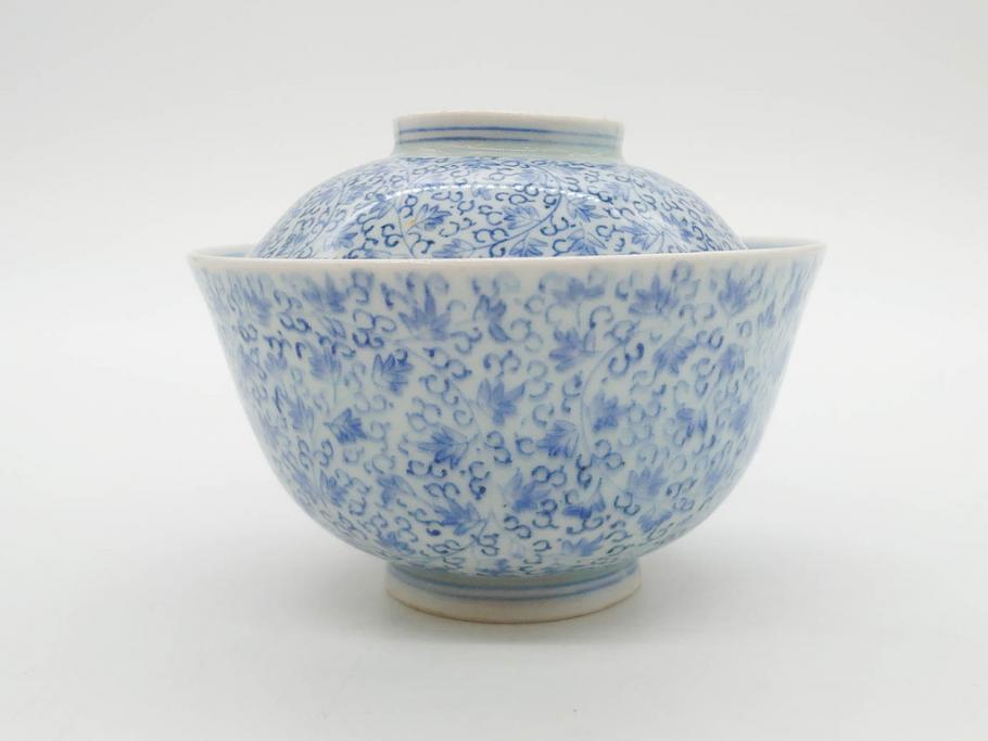 江戸期　古伊万里　微塵唐草文染付　松竹梅　約12cm　3.8寸　繊細な絵付けが見事な蓋付き茶碗3客セット(和食器、三寸八分)(R-077135)