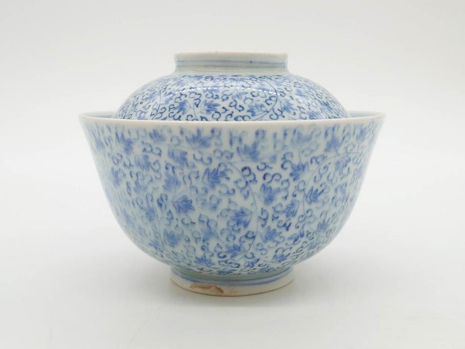 江戸期　古伊万里　微塵唐草文染付　松竹梅　約12cm　3.8寸　繊細な絵付けが見事な蓋付き茶碗3客セット(和食器、三寸八分)(R-077135)