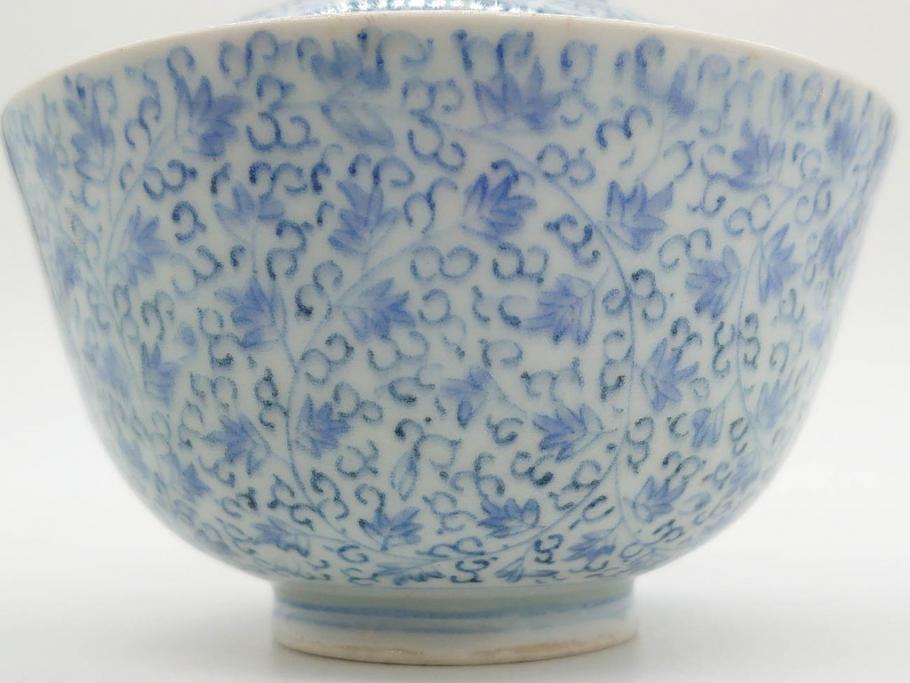 江戸期　古伊万里　微塵唐草文染付　松竹梅　約12cm　3.8寸　繊細な絵付けが見事な蓋付き茶碗3客セット(和食器、三寸八分)(R-077135)