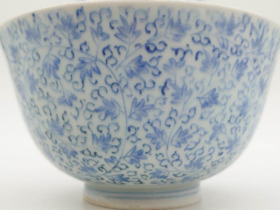 江戸期　古伊万里　微塵唐草文染付　松竹梅　約12cm　3.8寸　繊細な絵付けが見事な蓋付き茶碗3客セット(和食器、三寸八分)(R-077135)