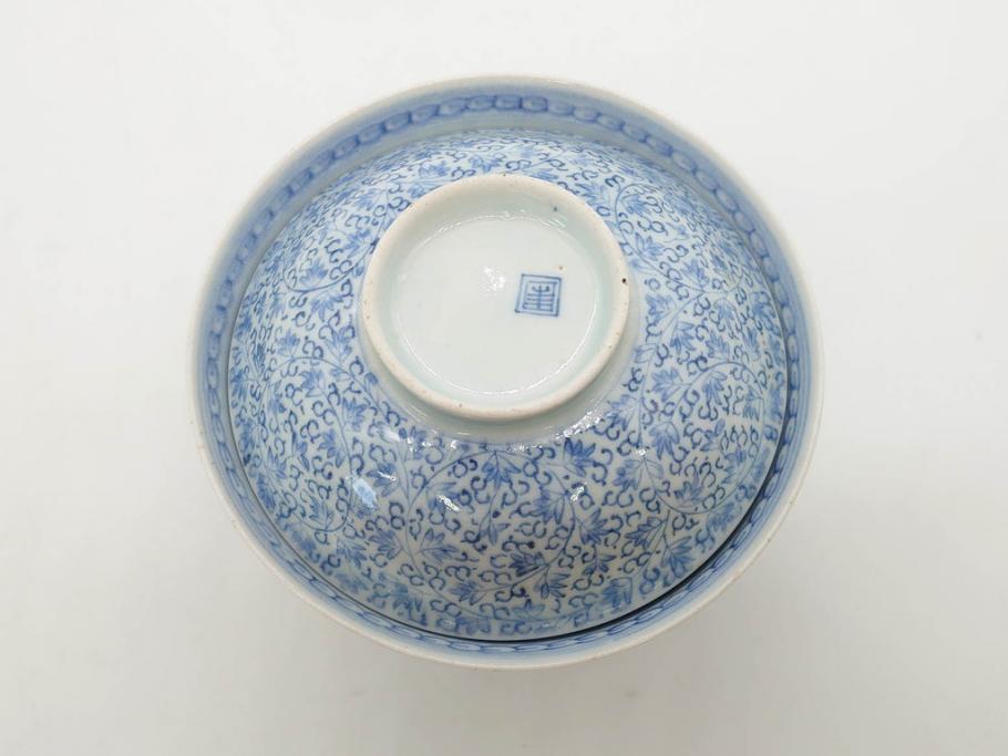 江戸期　古伊万里　微塵唐草文染付　松竹梅　約12cm　3.8寸　繊細な絵付けが見事な蓋付き茶碗3客セット(和食器、三寸八分)(R-077135)