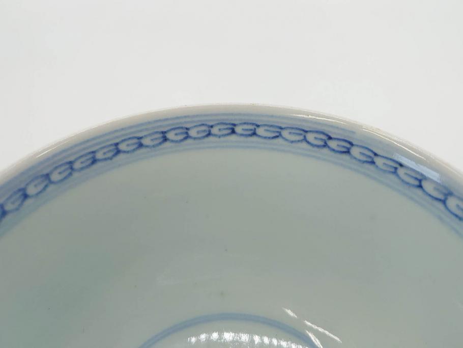 江戸期　古伊万里　微塵唐草文染付　松竹梅　約12cm　3.8寸　繊細な絵付けが見事な蓋付き茶碗3客セット(和食器、三寸八分)(R-077135)
