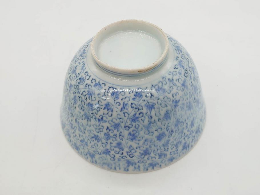 江戸期　古伊万里　微塵唐草文染付　松竹梅　約12cm　3.8寸　繊細な絵付けが見事な蓋付き茶碗3客セット(和食器、三寸八分)(R-077135)