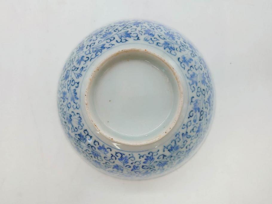 江戸期　古伊万里　微塵唐草文染付　松竹梅　約12cm　3.8寸　繊細な絵付けが見事な蓋付き茶碗3客セット(和食器、三寸八分)(R-077135)