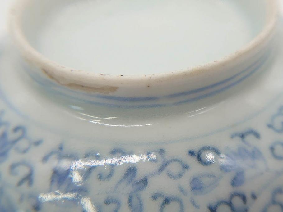 江戸期　古伊万里　微塵唐草文染付　松竹梅　約12cm　3.8寸　繊細な絵付けが見事な蓋付き茶碗3客セット(和食器、三寸八分)(R-077135)