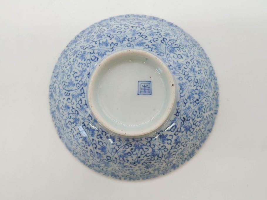 江戸期　古伊万里　微塵唐草文染付　松竹梅　約12cm　3.8寸　繊細な絵付けが見事な蓋付き茶碗3客セット(和食器、三寸八分)(R-077135)