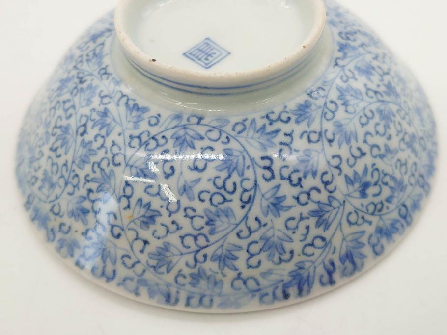 江戸期　古伊万里　微塵唐草文染付　松竹梅　約12cm　3.8寸　繊細な絵付けが見事な蓋付き茶碗3客セット(和食器、三寸八分)(R-077135)