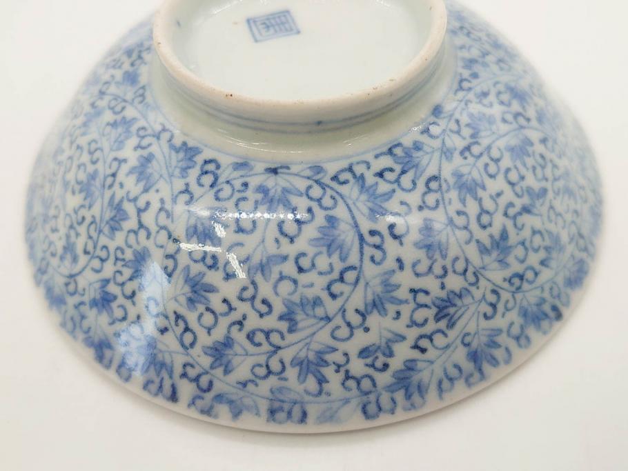江戸期　古伊万里　微塵唐草文染付　松竹梅　約12cm　3.8寸　繊細な絵付けが見事な蓋付き茶碗3客セット(和食器、三寸八分)(R-077135)