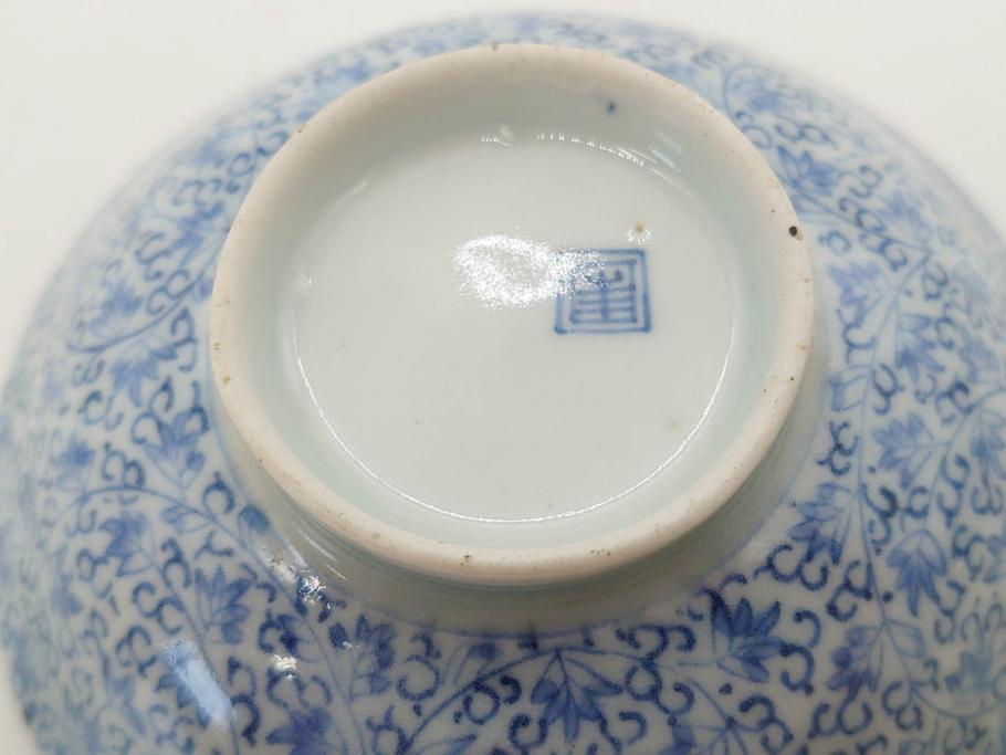 江戸期　古伊万里　微塵唐草文染付　松竹梅　約12cm　3.8寸　繊細な絵付けが見事な蓋付き茶碗3客セット(和食器、三寸八分)(R-077135)