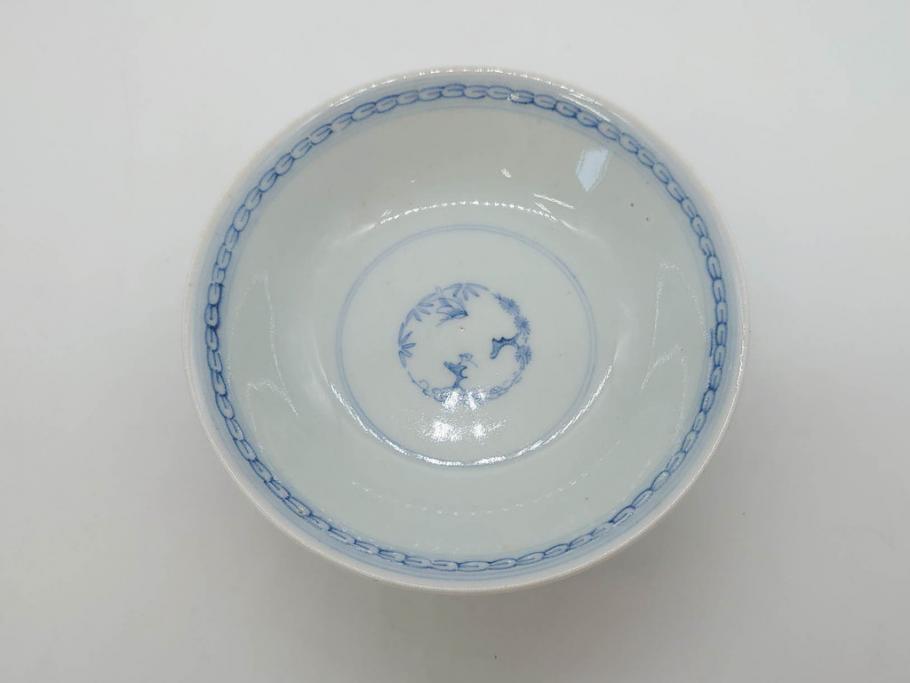 江戸期　古伊万里　微塵唐草文染付　松竹梅　約12cm　3.8寸　繊細な絵付けが見事な蓋付き茶碗3客セット(和食器、三寸八分)(R-077135)