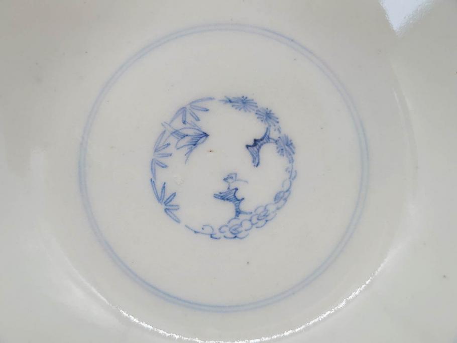 江戸期　古伊万里　微塵唐草文染付　松竹梅　約12cm　3.8寸　繊細な絵付けが見事な蓋付き茶碗3客セット(和食器、三寸八分)(R-077135)