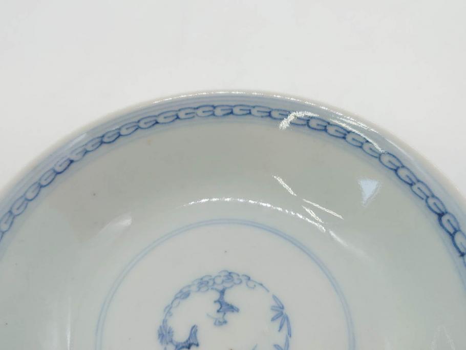 江戸期　古伊万里　微塵唐草文染付　松竹梅　約12cm　3.8寸　繊細な絵付けが見事な蓋付き茶碗3客セット(和食器、三寸八分)(R-077135)