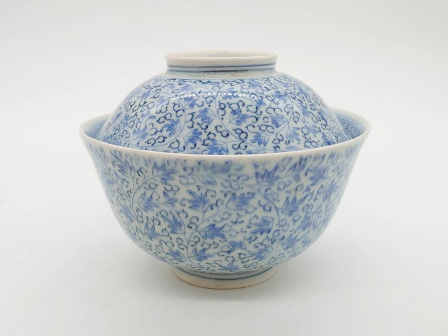 江戸期　古伊万里　微塵唐草文染付　松竹梅　約12cm　3.8寸　繊細な絵付けが見事な蓋付き茶碗3客セット(和食器、三寸八分)(R-077135)